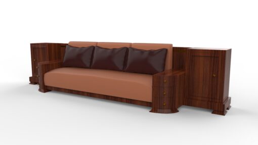 large walnut art deco sofa, grain, wood, design, antiques, original, french, luxurious woods, leather, customizable, drawers, cabinets, living room, handles, interior design