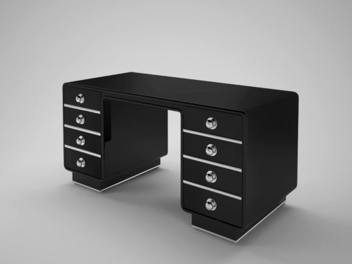 Art Deco Design Desk, High gloss black, chrome, knobs, luxury, office, interior design, table, chrome, drawers, file cabinet, made in Germany