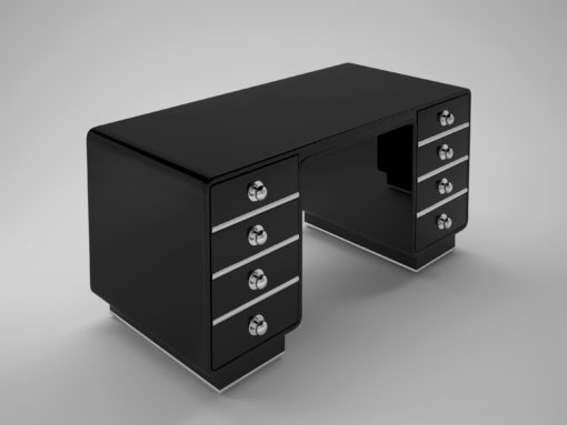 Art Deco Design Desk, High gloss black, chrome, knobs, luxury, office, interior design, table, chrome, drawers, file cabinet, made in Germany