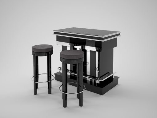 high end cubic bar with stooling, black, high gloss lacquer, chrome applications, details, interior design, home decoration, serving furniture