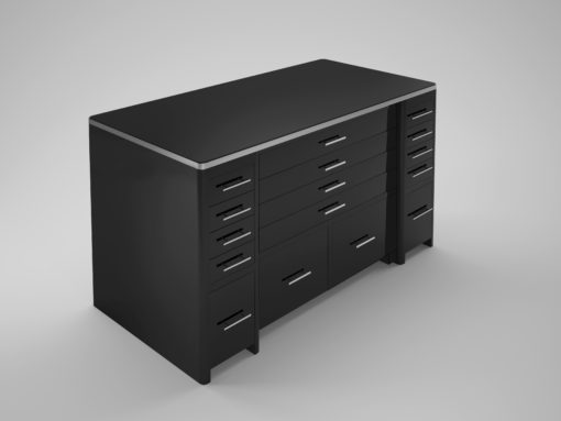 High Gloss Black desk with drawer front, lacquer, high end office furniture, chrome details, storage, file drawer, interior design