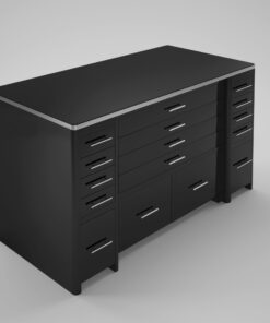 High Gloss Black desk with drawer front, lacquer, high end office furniture, chrome details, storage, file drawer, interior design