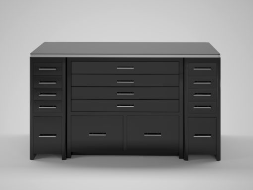 High Gloss Black desk with drawer front, lacquer, high end office furniture, chrome details, storage, file drawer, interior design