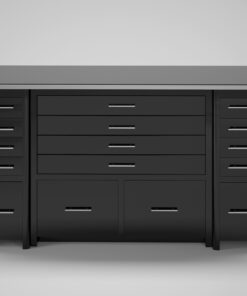 High Gloss Black desk with drawer front, lacquer, high end office furniture, chrome details, storage, file drawer, interior design