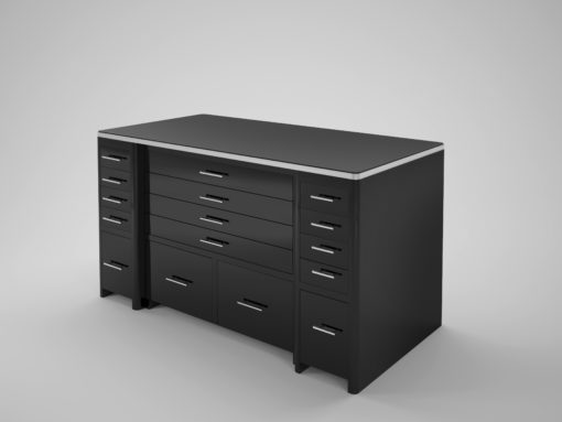 High Gloss Black desk with drawer front, lacquer, high end office furniture, chrome details, storage, file drawer, interior design