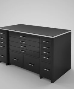 High Gloss Black desk with drawer front, lacquer, high end office furniture, chrome details, storage, file drawer, interior design