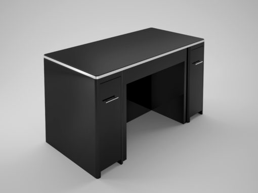 High Gloss Black desk with drawer front, lacquer, high end office furniture, chrome details, storage, file drawer, interior design