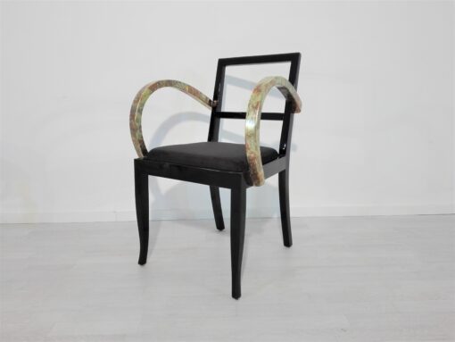 French Art Deco chair with beaten metal, gold, bronze, armrests, pianolacquer, seating, furniture, design, interior, luxurios, restoration, original