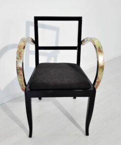 French Art Deco chair with beaten metal, gold, bronze, armrests, pianolacquer, seating, furniture, design, interior, luxurios, restoration, original