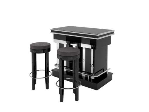 high end cubic bar with stooling, black, high gloss lacquer, chrome applications, details, interior design, home decoration, serving furniture