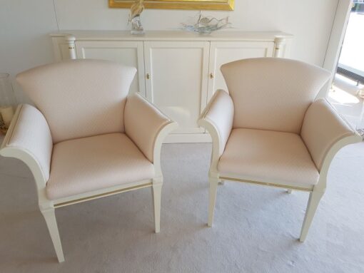 pair, two, armchairs, armchair, high, gloss, beige, color, wood, painted, light, hand, polished, patterns, living, room ,