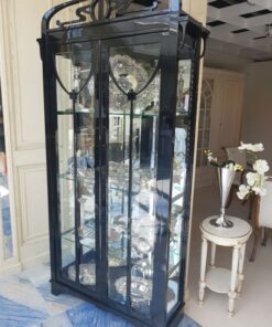 high, black, jugendstil, glass, vitrine, high, gloss, elegant, living, room, design, illustration, wood, ornamentations, modern