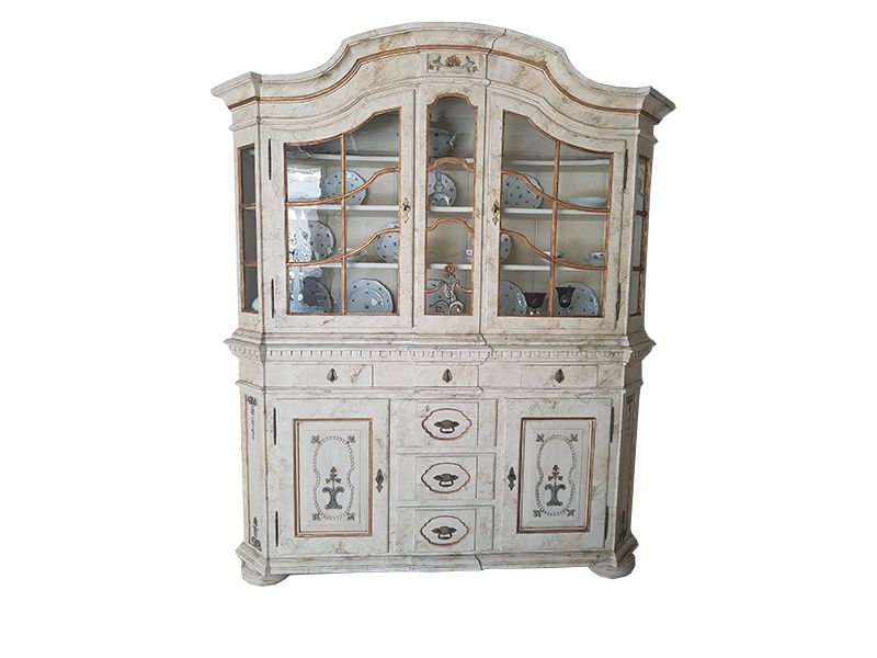 White Big Cupboard With Glass Vitrine Original Antique Furniture