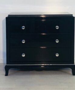 Black Vintage Chest of Drawers with Chrome Knobs, Commode, Luxury, furniture, design, homedcor, interior design, piano lacquer