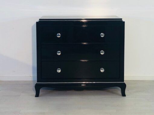 Black Vintage Chest of Drawers with Chrome Knobs, Commode, Luxury, furniture, design, homedcor, interior design, piano lacquer