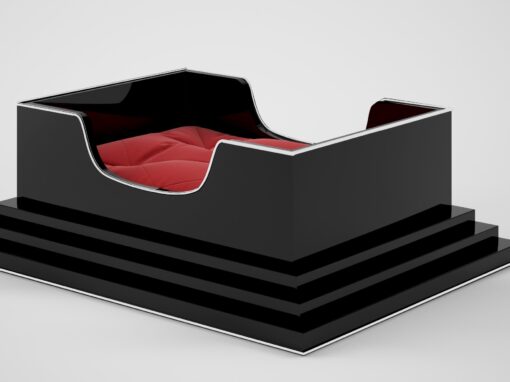 %%sitename%% Interior Design, Dog cart, animal beds, red pillow, dog pillow, sleeping, elegant, black furniture