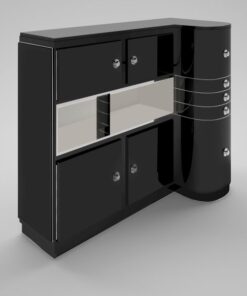 art, deco, design, curved, front, black, doors, mirror, furniture, sideboard, handles, chrome, bin, living room, luxury, free