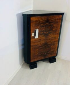 Art Deco walnut corner cabinet, commode, cupboard, walnut wood, burl, grain, veneer, piano lacquer, design, interior design, high gloss, original, antique