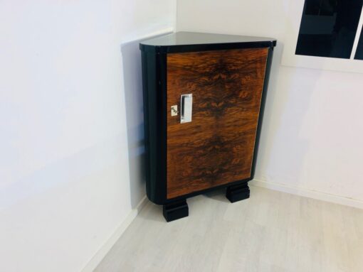 Art Deco walnut corner cabinet, commode, cupboard, walnut wood, burl, grain, veneer, piano lacquer, design, interior design, high gloss, original, antique