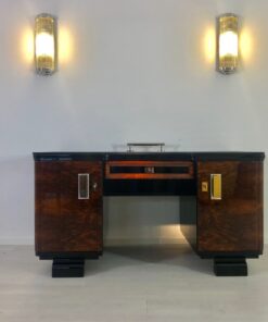 Original 1920s Art Deco desk with alcantara top, burl wood doors, leather, restoration, interior design, antiques, luxury furniture