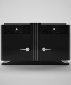 black, art, deco, chest of drawers, leather, drawer, chrome handles, sideboard, living room, new, old, restored, design, style, lacquer