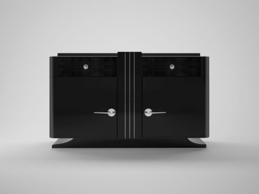 black, art, deco, chest of drawers, leather, drawer, chrome handles, sideboard, living room, new, old, restored, design, style, lacquer