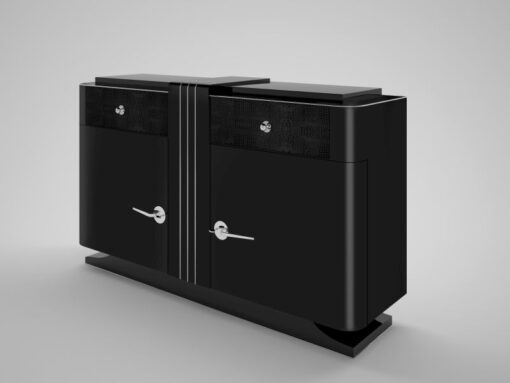 black, art, deco, chest of drawers, leather, drawer, chrome handles, sideboard, living room, new, old, restored, design, style, lacquer