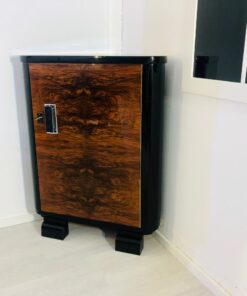 Art Deco walnut corner cabinet, commode, cupboard, walnut wood, burl, grain, veneer, piano lacquer, design, interior design, high gloss, original, antique