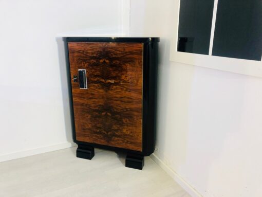 Art Deco walnut corner cabinet, commode, cupboard, walnut wood, burl, grain, veneer, piano lacquer, design, interior design, high gloss, original, antique