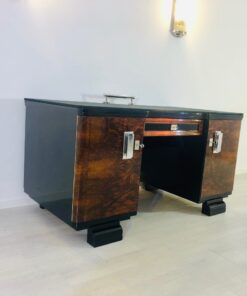 Original 1920s Art Deco desk with alcantara top, burl wood doors, leather, restoration, interior design, antiques, luxury furniture