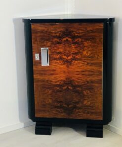 Art Deco walnut corner cabinet, commode, cupboard, walnut wood, burl, grain, veneer, piano lacquer, design, interior design, high gloss, original, antique