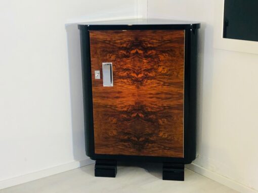 Art Deco walnut corner cabinet, commode, cupboard, walnut wood, burl, grain, veneer, piano lacquer, design, interior design, high gloss, original, antique