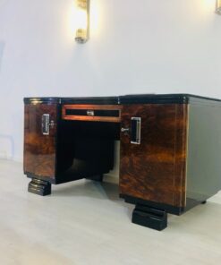 Original 1920s Art Deco desk with alcantara top, burl wood doors, leather, restoration, interior design, antiques, luxury furniture