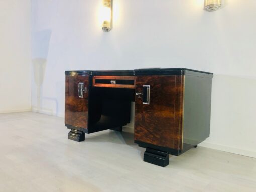 Original 1920s Art Deco desk with alcantara top, burl wood doors, leather, restoration, interior design, antiques, luxury furniture