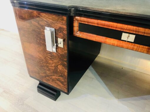 Original 1920s Art Deco desk with alcantara top, burl wood doors, leather, restoration, interior design, antiques, luxury furniture