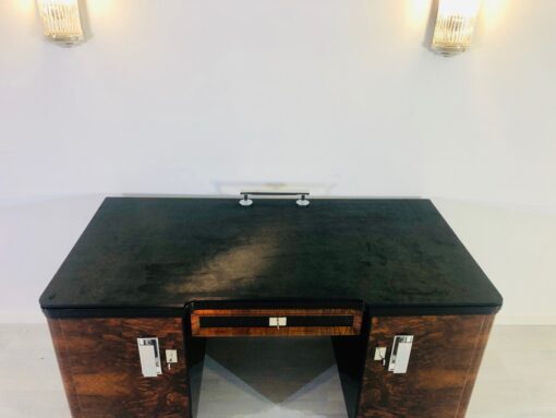 Original 1920s Art Deco desk with alcantara top, burl wood doors, leather, restoration, interior design, antiques, luxury furniture