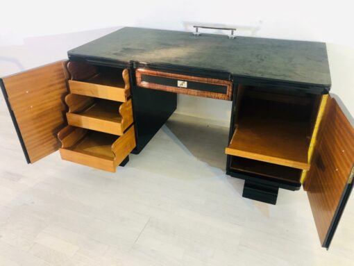 Original 1920s Art Deco desk with alcantara top, burl wood doors, leather, restoration, interior design, antiques, luxury furniture