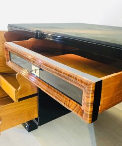 Original 1920s Art Deco desk with alcantara top, burl wood doors, leather, restoration, interior design, antiques, luxury furniture