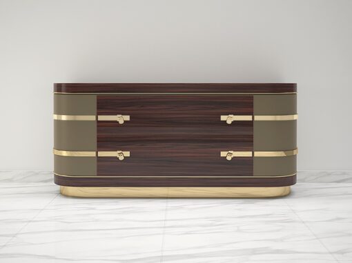 Exceptional Palisander Sideboard with Polished Brass Details, High Gloss Finish, Locks, Art Deco Design, Modern Sideboard, Interior Design