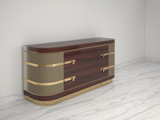 Exceptional Palisander Sideboard with Polished Brass Details, High Gloss Finish, Locks, Art Deco Design, Modern Sideboard, Interior Design