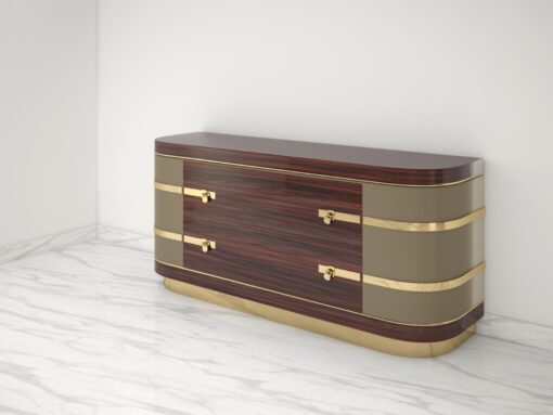 Exceptional Palisander Sideboard with Polished Brass Details, High Gloss Finish, Locks, Art Deco Design, Modern Sideboard, Interior Design