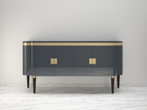 High Gloss Design Sideboard with a Grey Paintjob and Brass Details, Luxury furniture, finish, handmade, high end, quality, interior design