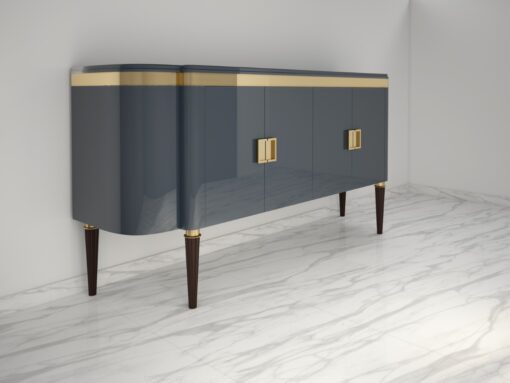 High Gloss Design Sideboard with a Grey Paintjob and Brass Details, Luxury furniture, finish, handmade, high end, quality, interior design