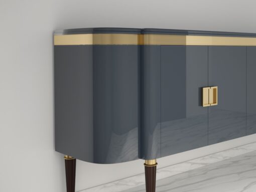 High Gloss Design Sideboard with a Grey Paintjob and Brass Details, Luxury furniture, finish, handmade, high end, quality, interior design