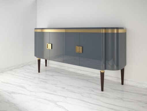 High Gloss Design Sideboard with a Grey Paintjob and Brass Details, Luxury furniture, finish, handmade, high end, quality, interior design