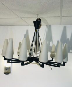 Jugendstil Chandelier in Matt Black with Glass Cones, art Deco lighting, jugendstil lighting, 1920s lamps, chandeliers, Art Deco furnishing