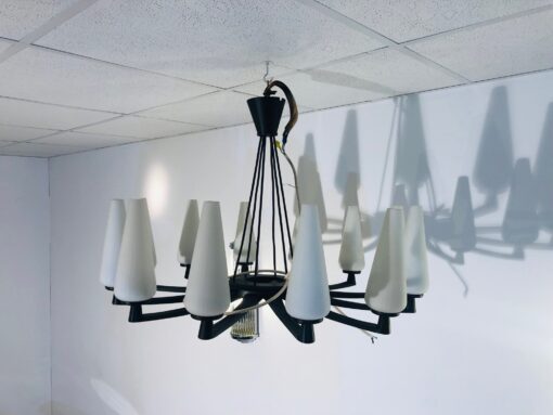 Jugendstil Chandelier in Matt Black with Glass Cones, art Deco lighting, jugendstil lighting, 1920s lamps, chandeliers, Art Deco furnishing