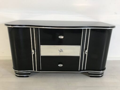 Art Deco Chromliner Commode from 1920, original antique, Chromliner, drawers in the middle, black, Hifi-media, two doors, 1