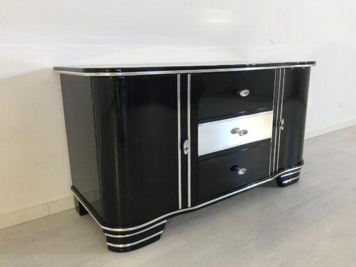 Art Deco Chromliner Commode from 1920, original antique, Chromliner, drawers in the middle, black, Hifi-media, two doors, ,2