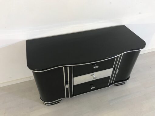 Art Deco Chromliner Commode from 1920, original antique, Chromliner, drawers in the middle, black, Hifi-media, two doors, ,3